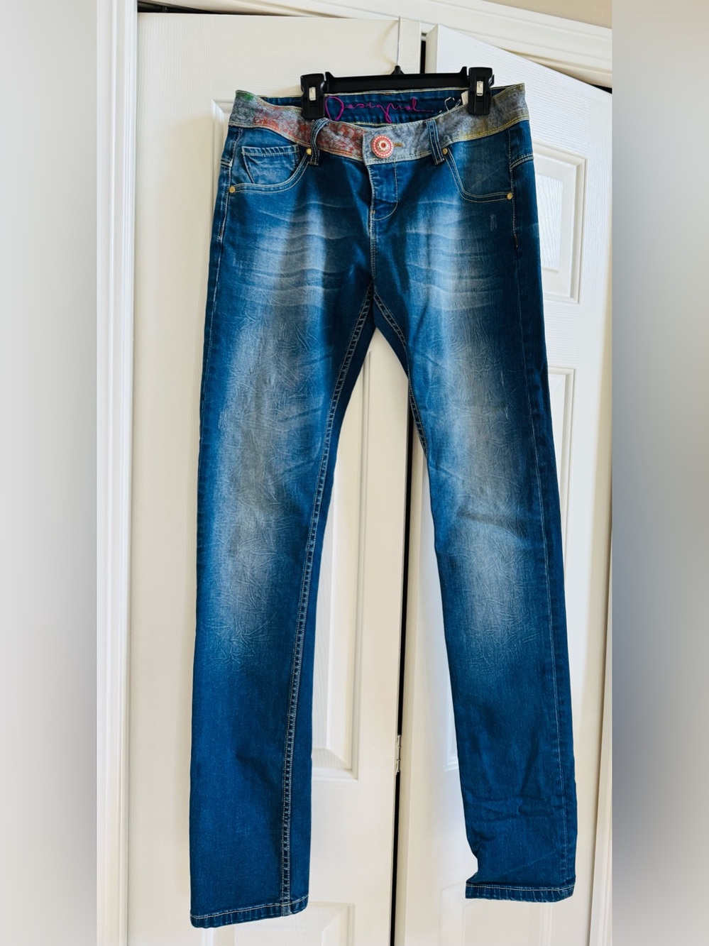 Desigual Slim Straight Denim Jeans in Faded Blue with Contrasting Waistband